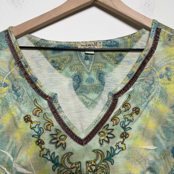 One World Women Forest Fairy Top XL Green Paisley Lace Flare Sleeve V-Neck Gobli - Picture 2 of 11